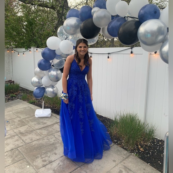 open lace back dress Two Piece Deep V-Neck Royal Blue Prom Dress Evening Dress PG486 US12 / Royal Blue